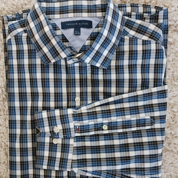 Tommy Hilfiger Men's White Blue Plaid Slim Fit Dress Shirt Size 17.5, 34-35 - Picture 1 of 9